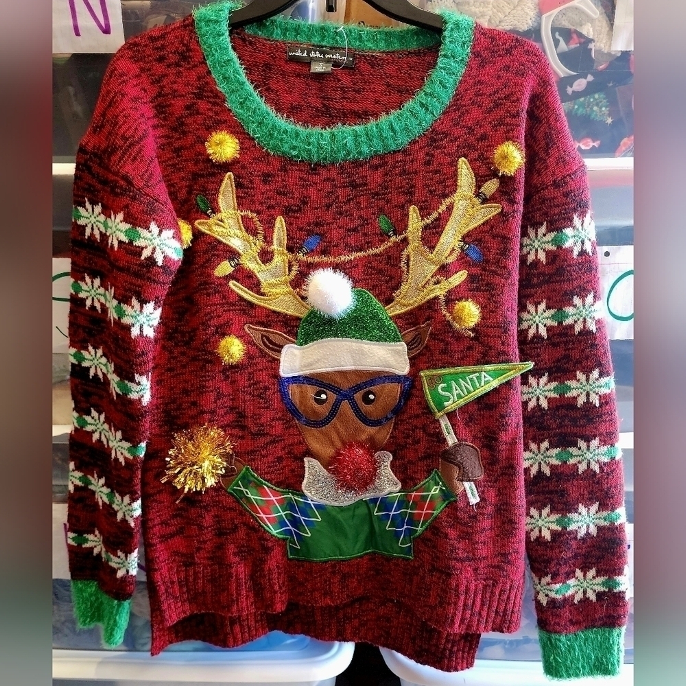 United States Sweater Holiday Christmas Rudolf Reindeer Ugly Sweater Women's S